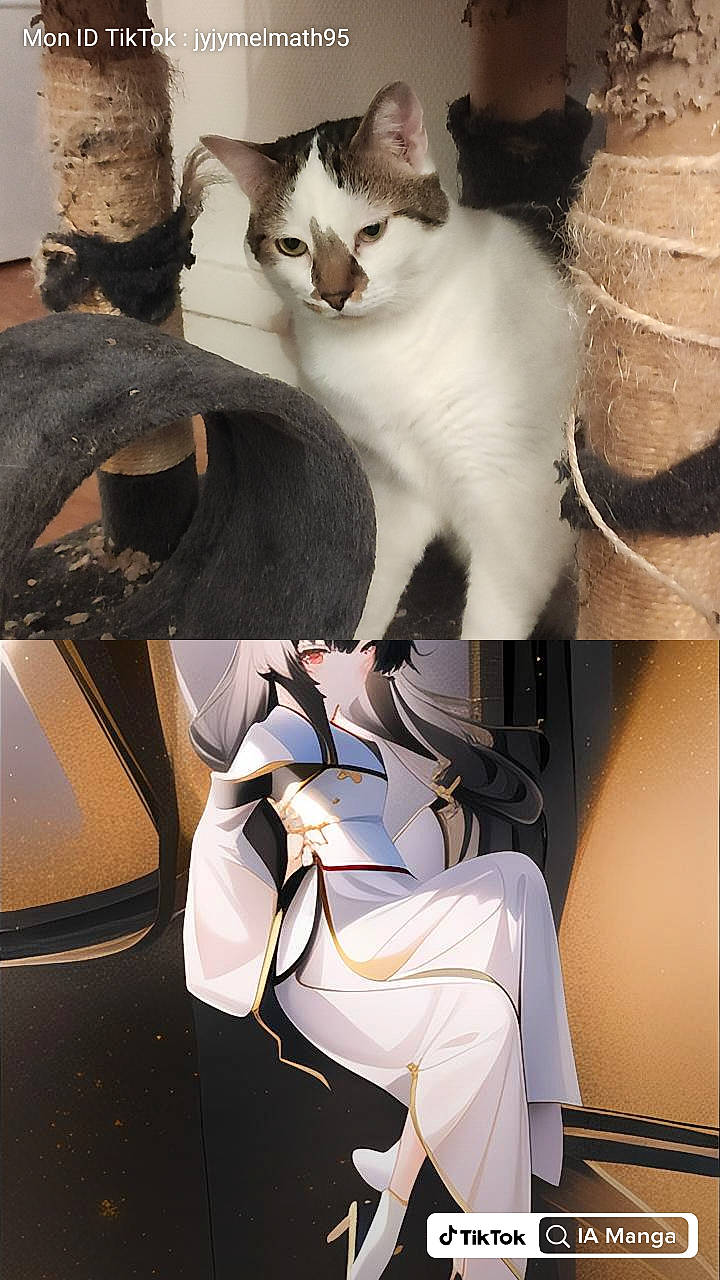 Chouquette a rejoint le concours — aidez-le/la à gagner de superbes lots ! carnivore, cat, chair, comfort, domestic_short_haired_cat, eyewear, felidae, formal_wear, fur, human_leg, metal, paw, photo_caption, room, sitting, small_to_medium_sized_cats, tail, whiskers, white