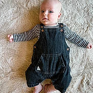 Beauden participe au concours pour gagner de l'argent avec cette photo : baby, infant, child, overalls, striped_shirt, barefoot, soft_rug, lying_down, curious_expression, indoor, cute, small_feet, button_details, denim, portrait, casual_clothing, relaxed_pose, neutral_expression, light_skin, closeup