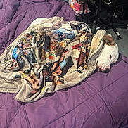 Jr joined the competition — help win amazing prizes! dog, blanket, bed, purple_comforter, sleeping, cozy, indoor, wooden_nightstand, chair, floor, sleepy, resting, fur, animal, pet, comfort, room, household, relaxing, peaceful