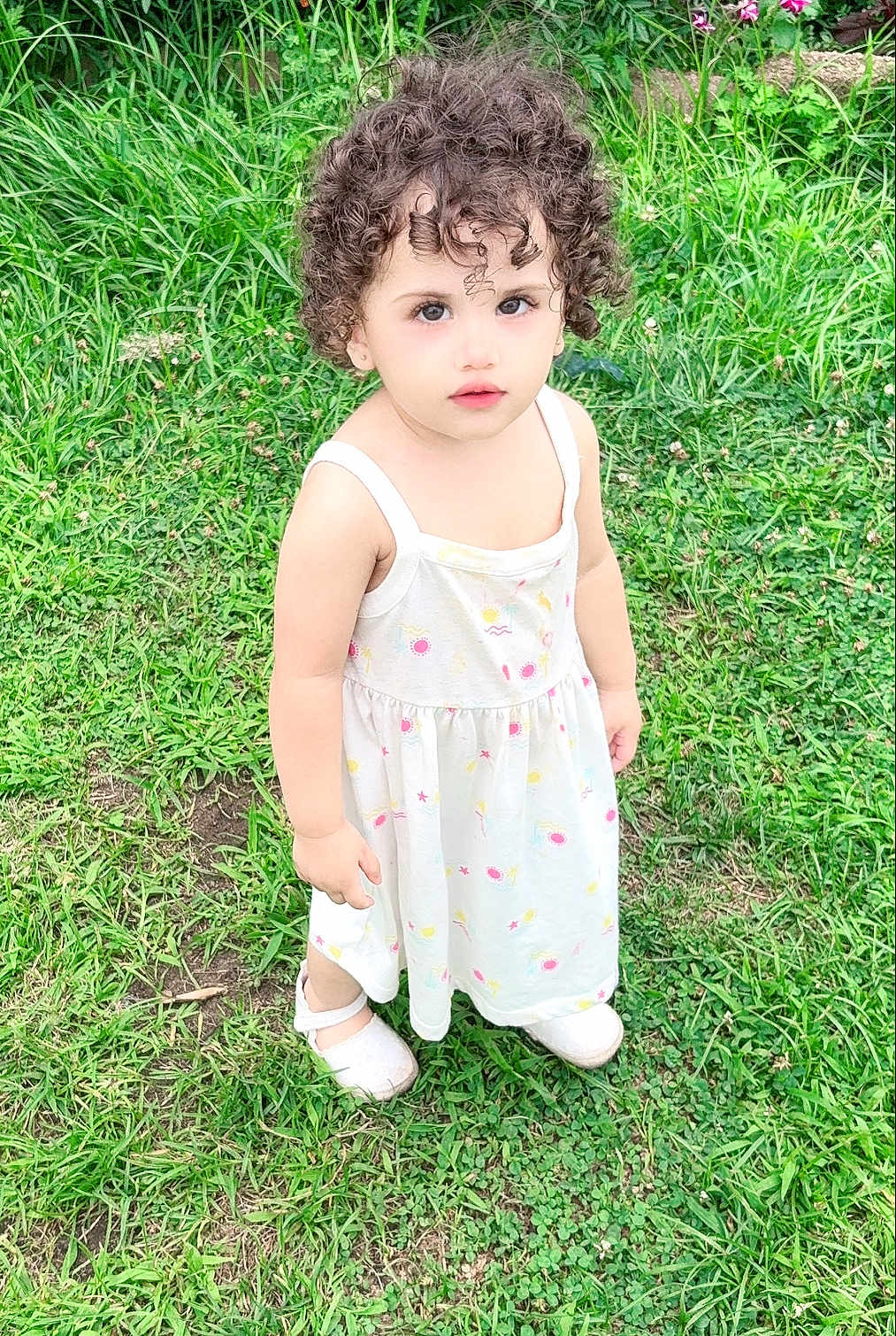 Ayzal is registered to the contest to win money with this photo: toddler, child, curly_hair, white_dress, white_shoes, grass, outdoor, greenery, cute, portrait, young_child, standing, nature, daylight, curious, innocent, person, small_child, summer, playful