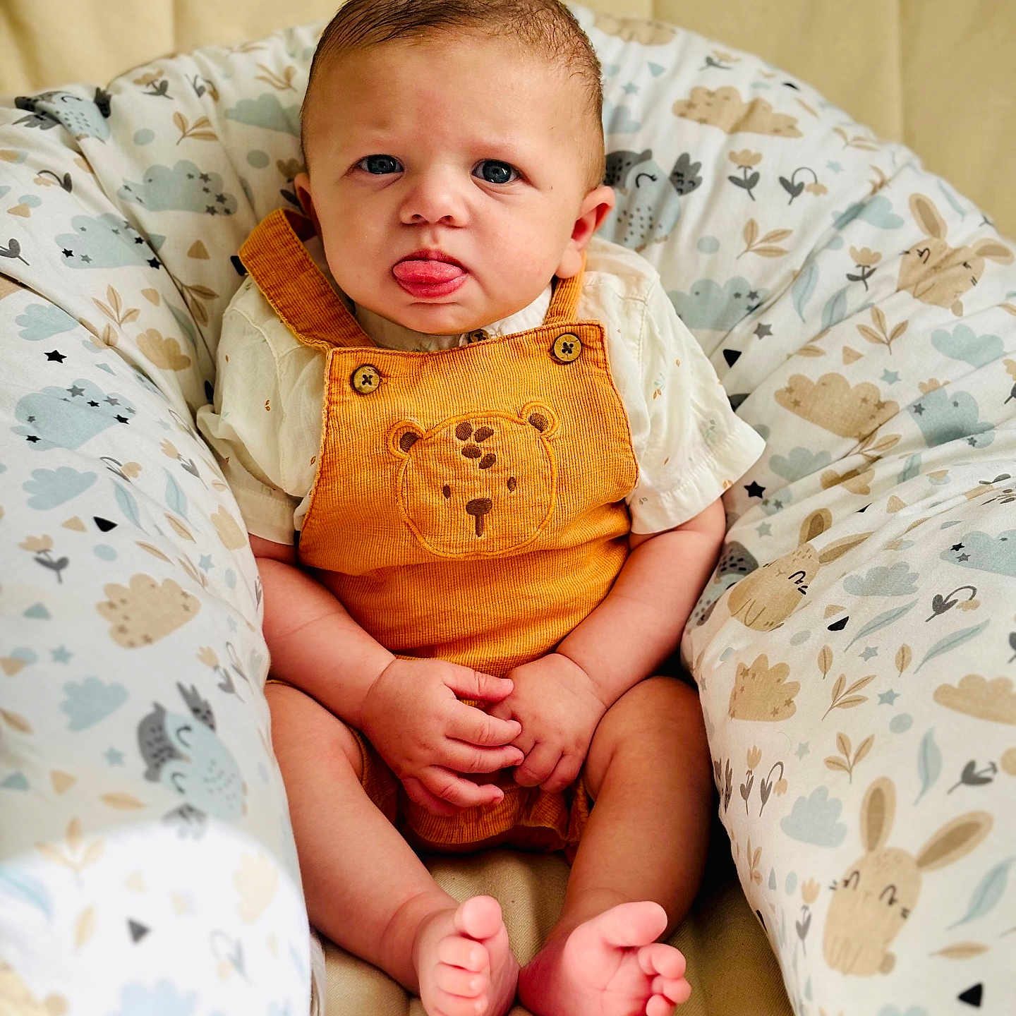 Jules participe au concours pour gagner de l'argent avec cette photo : baby, barefoot, bear_design, child, comfort, cozy, cushion, cute, expression, hands_together, indoor, infant, orange_clothing, patterned_fabric, playful, portrait, romper, seated, soft_lighting, tongue_out