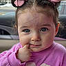 Stella joined the competition — help win amazing prizes! toddler, child, face, portrait, pink_sweater, hair_clips, cute, curious, indoors, hand, finger, expression, young_child, baby, clothing, person, closeup, head, eyes, soft_lighting