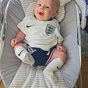 Keegan is registered to the contest to win money with this photo: baby, infant, smile, sport_clothing, england_football_kit, baby_rocker, cushion, toy, floor, wooden_floor, happy, child, person, sock, footwear, indoor, seat, head, face, cute