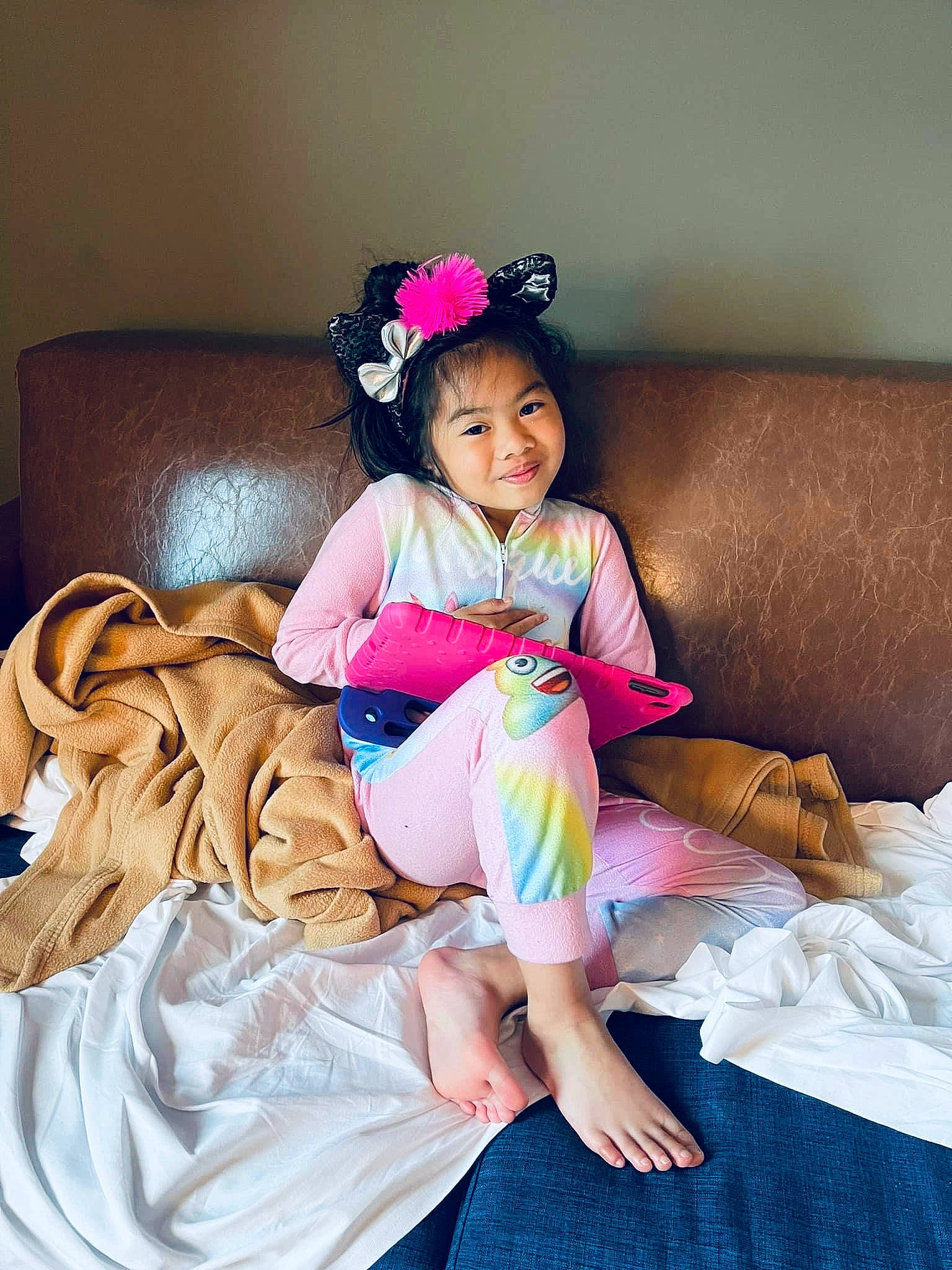 Jacelyn Ann Cruz joined the competition — help win amazing prizes! baby_toddler_clothing, comfort, dress, eye, finger, flash_photography, fun, happy, headpiece, human_body, human_leg, joy, leg, linens, magenta, person, pillow, pink, skin, smile