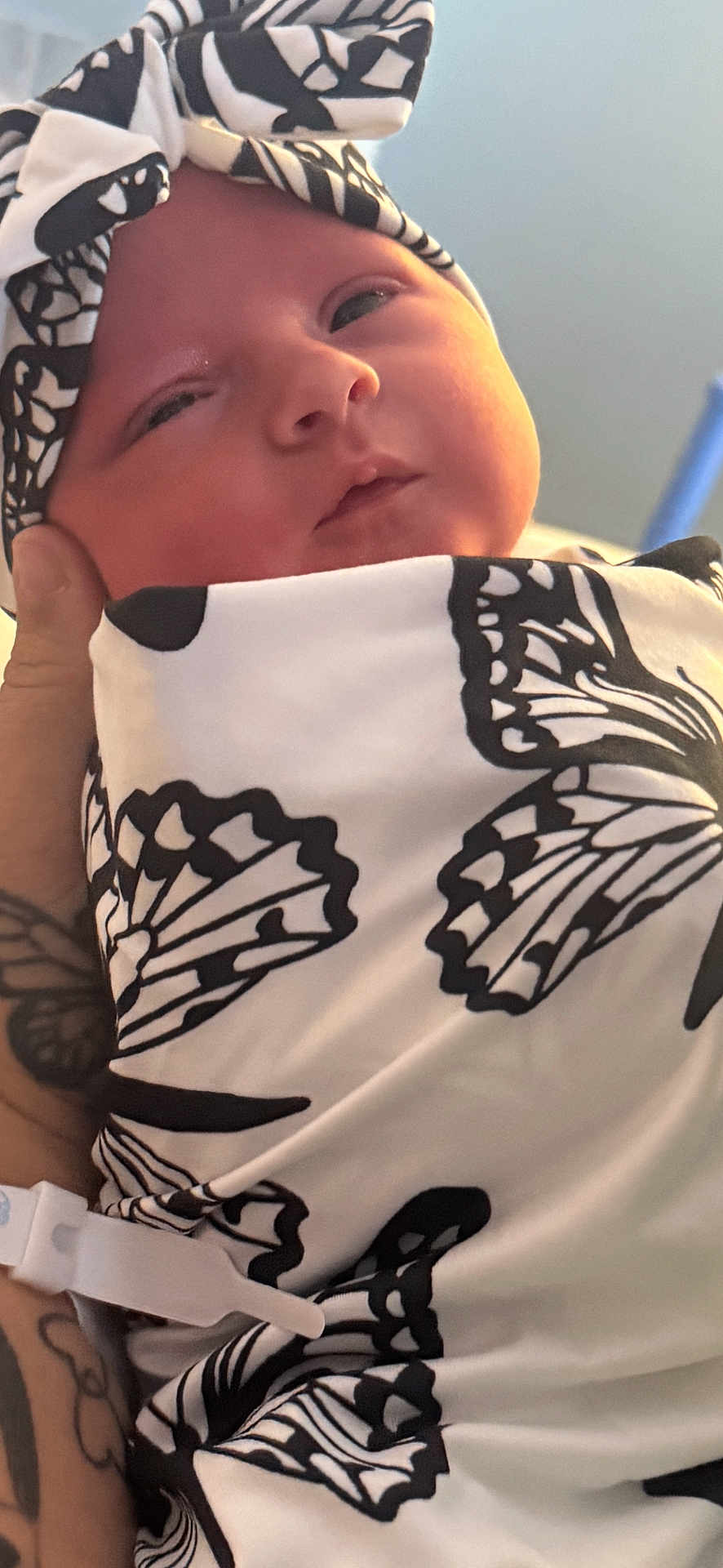 Laycii is registered to the contest to win money with this photo: baby, infant, newborn, wrapped, blanket, headwrap, black_and_white, butterfly_pattern, tattoo, hand, close_up, soft_lighting, face, calm, cozy, indoor, person, skin, newborn_baby, portrait