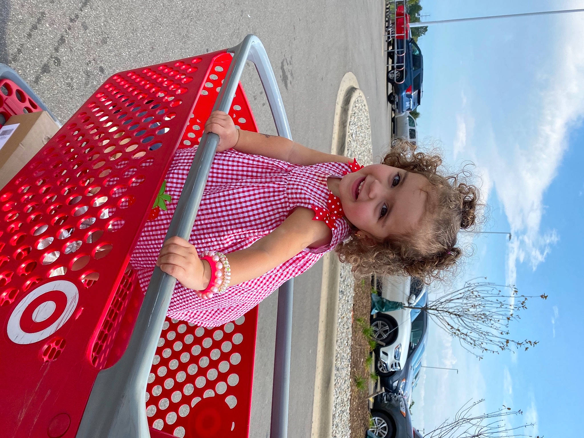 Ava is registered to the contest to win money with this photo: design, happy, joy, long_hair, pattern, person, polka_dot, red, textile