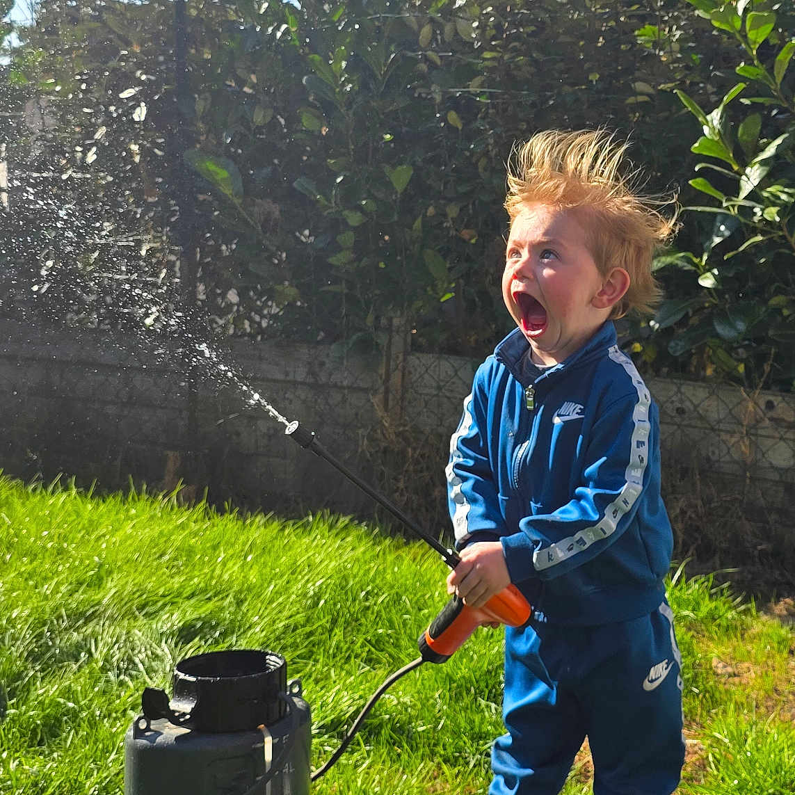 Noam Sohier a rejoint le concours — aidez-le/la à gagner de superbes lots ! blue_tracksuit, child, daylight, expression, fun, garden, grass, greenery, hair, hedge, nature, outdoor, person, play, sprayer, sunny, surprise, toy, water, white_shoes