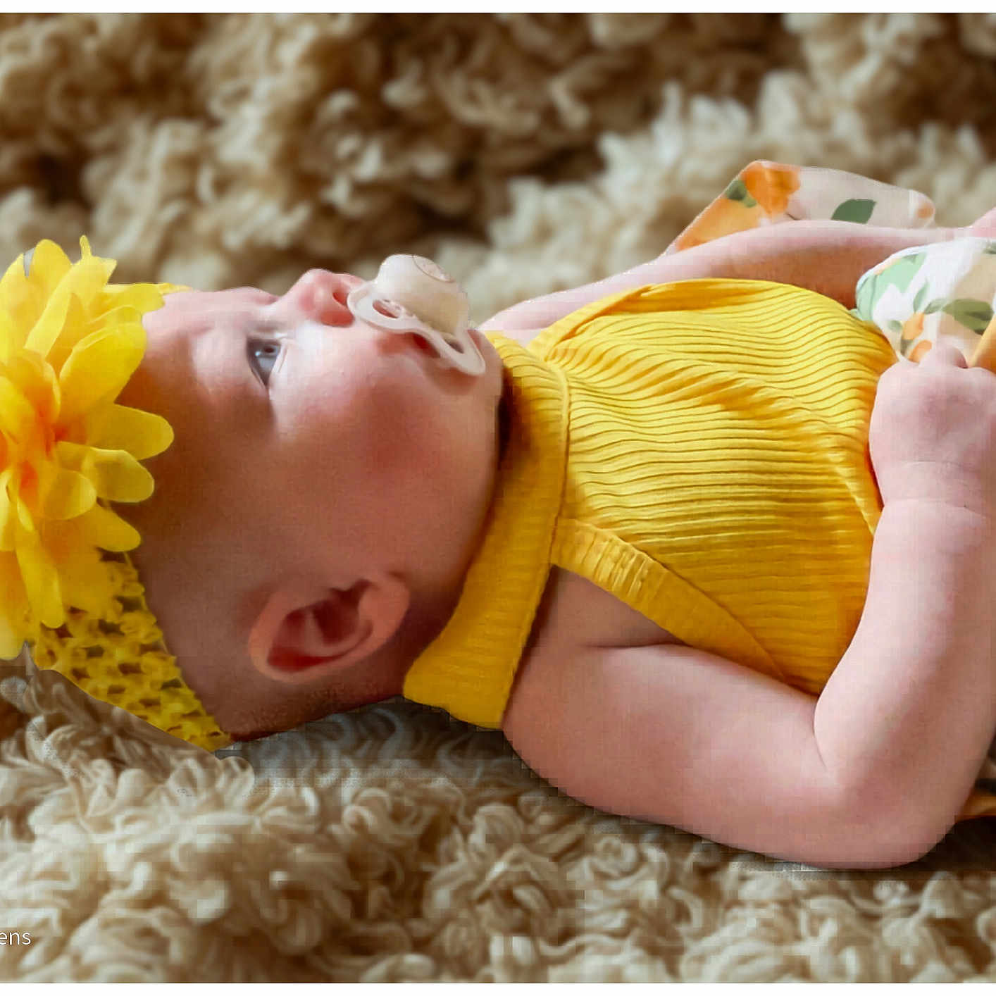 Khalilah joined the competition — help win amazing prizes! arm, baby, cheek, cozy, cute, ear, floral_blanket, flower_headband, hand, headband, indoor, infant, newborn, pacifier, portrait, side_profile, soft_light, studio_photo, textured_blanket, yellow_clothing