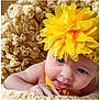 Khalilah joined the competition — help win amazing prizes! baby, infant, child, yellow_flower, flower_headband, headband, hat, closeup, portrait, blanket, fabric, hand, eyes, cheeks, tongue, cute, smile, soft_texture, background, studio_photo