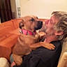 Stella is registered to the contest to win money with this photo: dog, person, indoor, couch, affection, blur, brown, collar, pet, man, love, interaction, furniture, wall, casual, happy, face, holding, home, friendship
