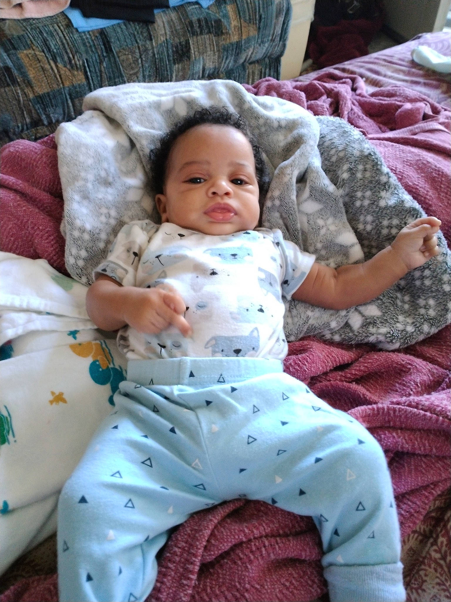 Kason joined the competition — help win amazing prizes! abdomen, baby, baby_products, baby_toddler_clothing, cheek, child, comfort, couch, foot, fur, happy, head, lap, linens, pattern, person, pink, sitting, skin, smile