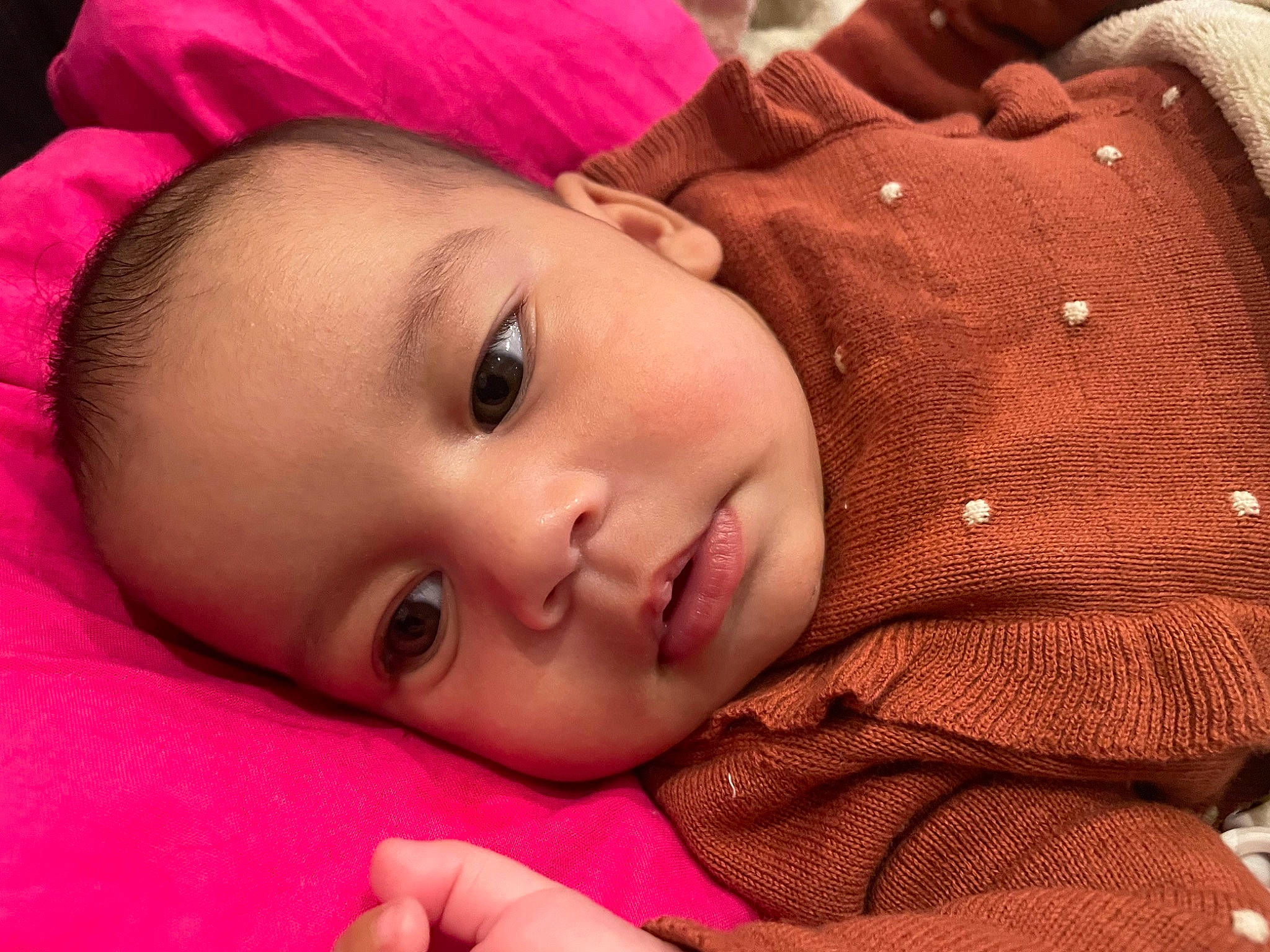 Luna participe au concours pour gagner de l'argent avec cette photo : baby, brown_hair, cheek, child, close_up, comfort, eyebrow, eyelash, fur, grass, happy, human_body, iris, lip, mouth, nose, person, pink, skin, toddler