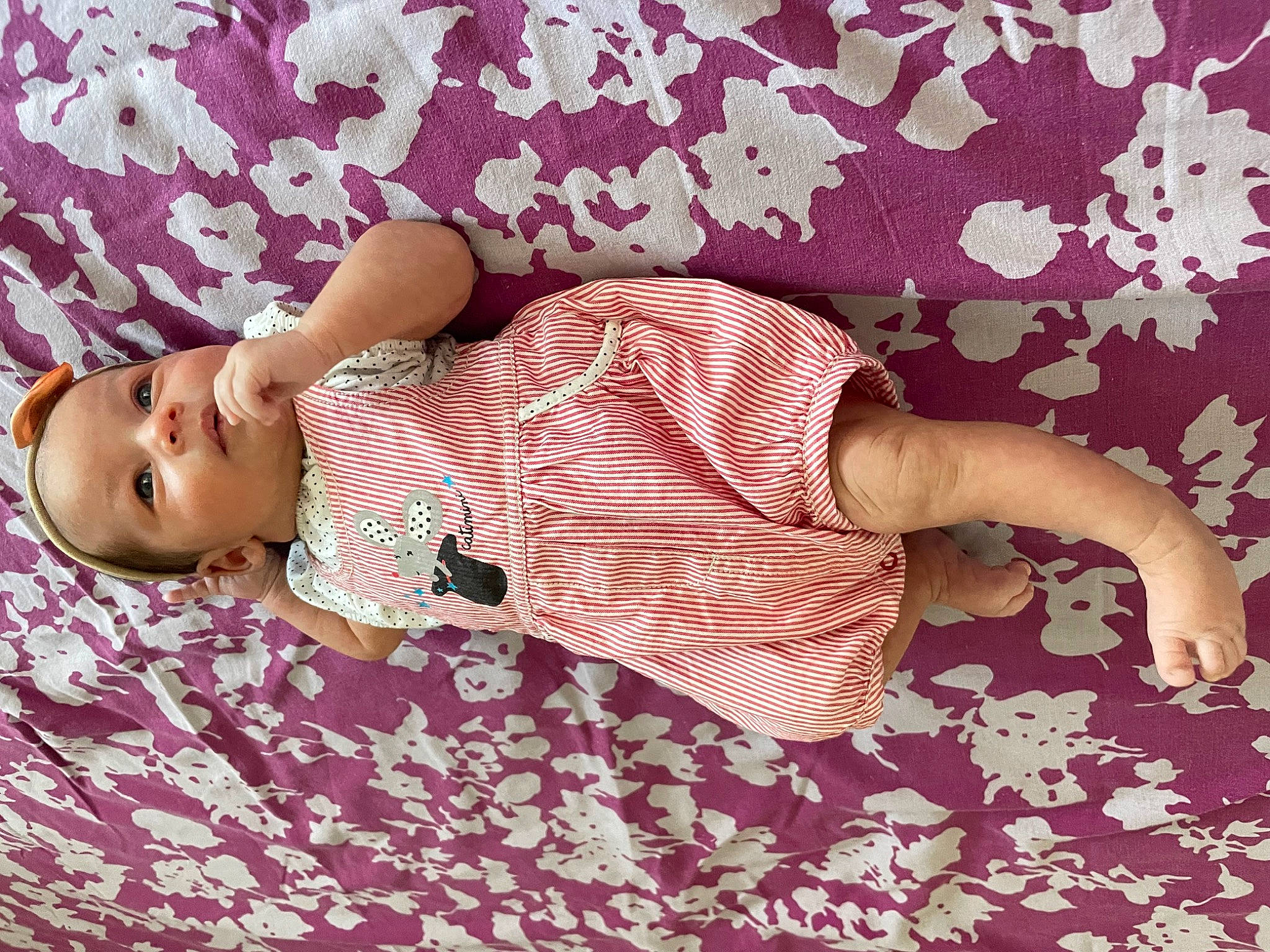 Luna a rejoint le concours — aidez-le/la à gagner de superbes lots ! baby_toddler_clothing, bedding, child, comfort, day_dress, dress, flooring, happy, human_leg, linens, magenta, pattern, peach, person, pink, purple, room, sleeve, thigh, toddler