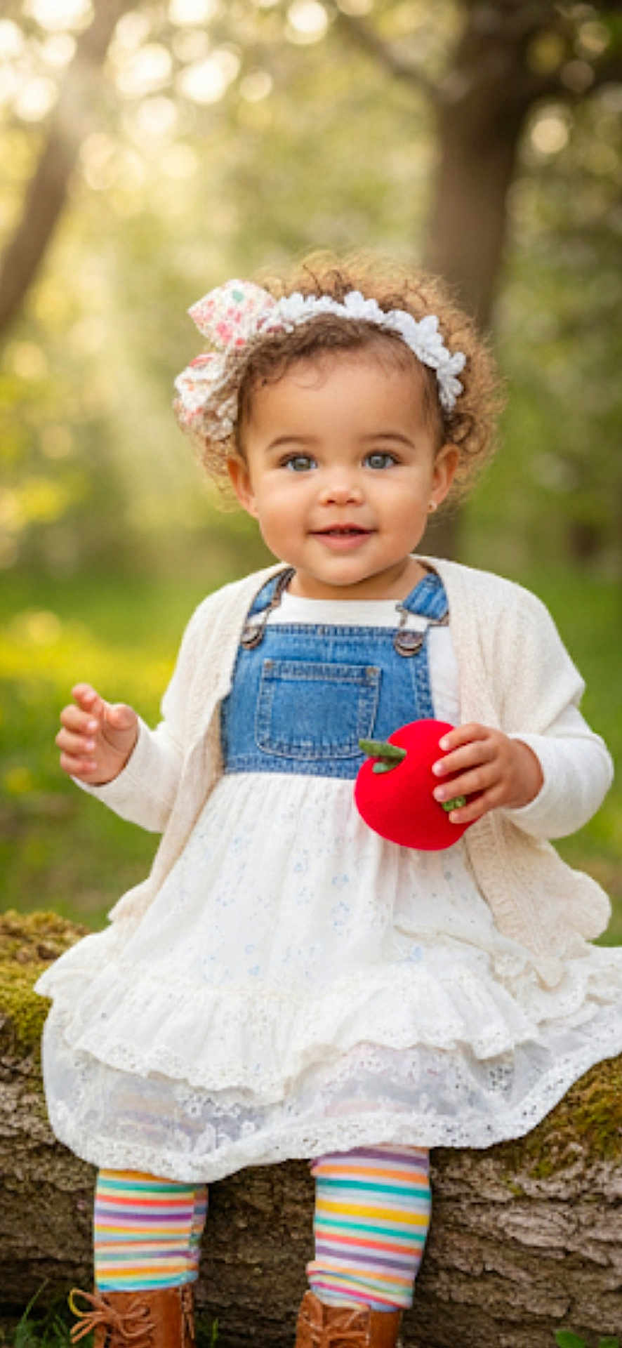 Camila is registered to the contest to win money with this photo: toddler, child, girl, curly_hair, headband, dress, denim, cardigan, striped_leggings, boots, plush_toy, apple, outdoor, forest, moss, log, sunlight, happy, sitting, portrait