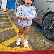 Mellodie-Grace is registered to the contest to win money with this photo: child, toddler, parking_lot, car, open_car_door, blue_door, sandals, socks, dress, jacket, pavement, wheel, parking_lines, red_paint, concrete, building, balcony, portrait, outdoor, cute