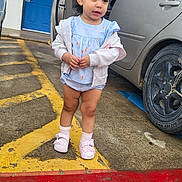 Mellodie-Grace is registered to the contest to win money with this photo: toddler, child, parking_lot, car, open_car_door, blue_door, sidewalk, yellow_lines, red_line, socks, shoes, clothing, outdoor, person, concrete, hair, face, standing, daylight, urban