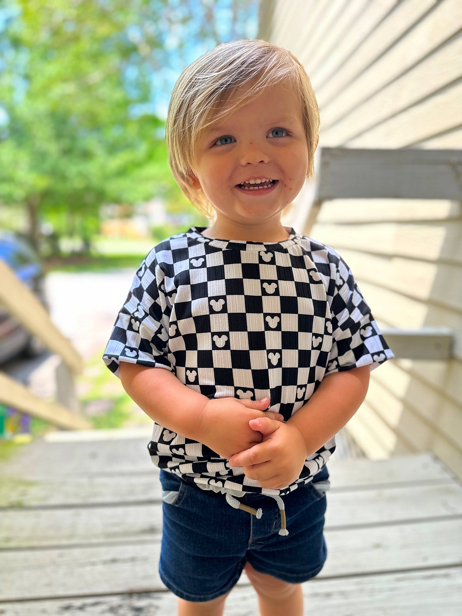 Rilan joined the competition — help win amazing prizes! baby_toddler_clothing, child, clothing, denim, electric_blue, face, fun, happy, joy, leisure, pattern, person, plaid, portrait_photography, shorts, sleeve, smile, t_shirt, toddler, tree