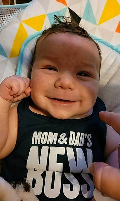 Atticus James joined the competition — help win amazing prizes! baby, baby_toddler_clothing, cheek, chin, eye, eyebrow, face, facial_expression, gesture, happy, head, human, iris, joy, nose, person, skin, sleeve, smile, textile