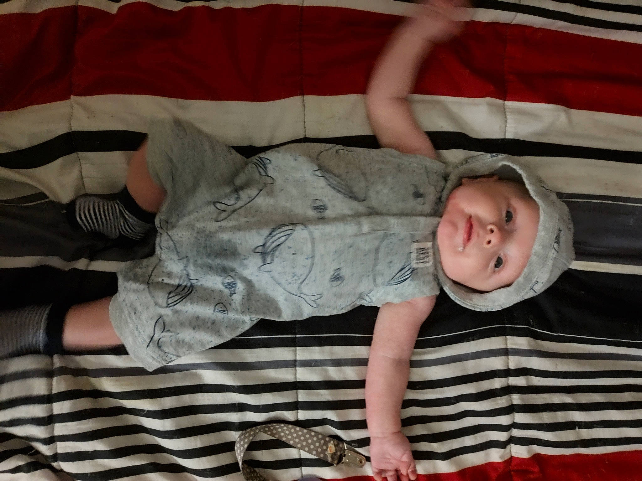 Jackson joined the competition — help win amazing prizes! baby, baby_products, baby_toddler_clothing, child, comfort, finger, fun, hand, headwear, human_body, human_leg, leg, linens, mouth, pattern, person, sitting, skin, smile, textile