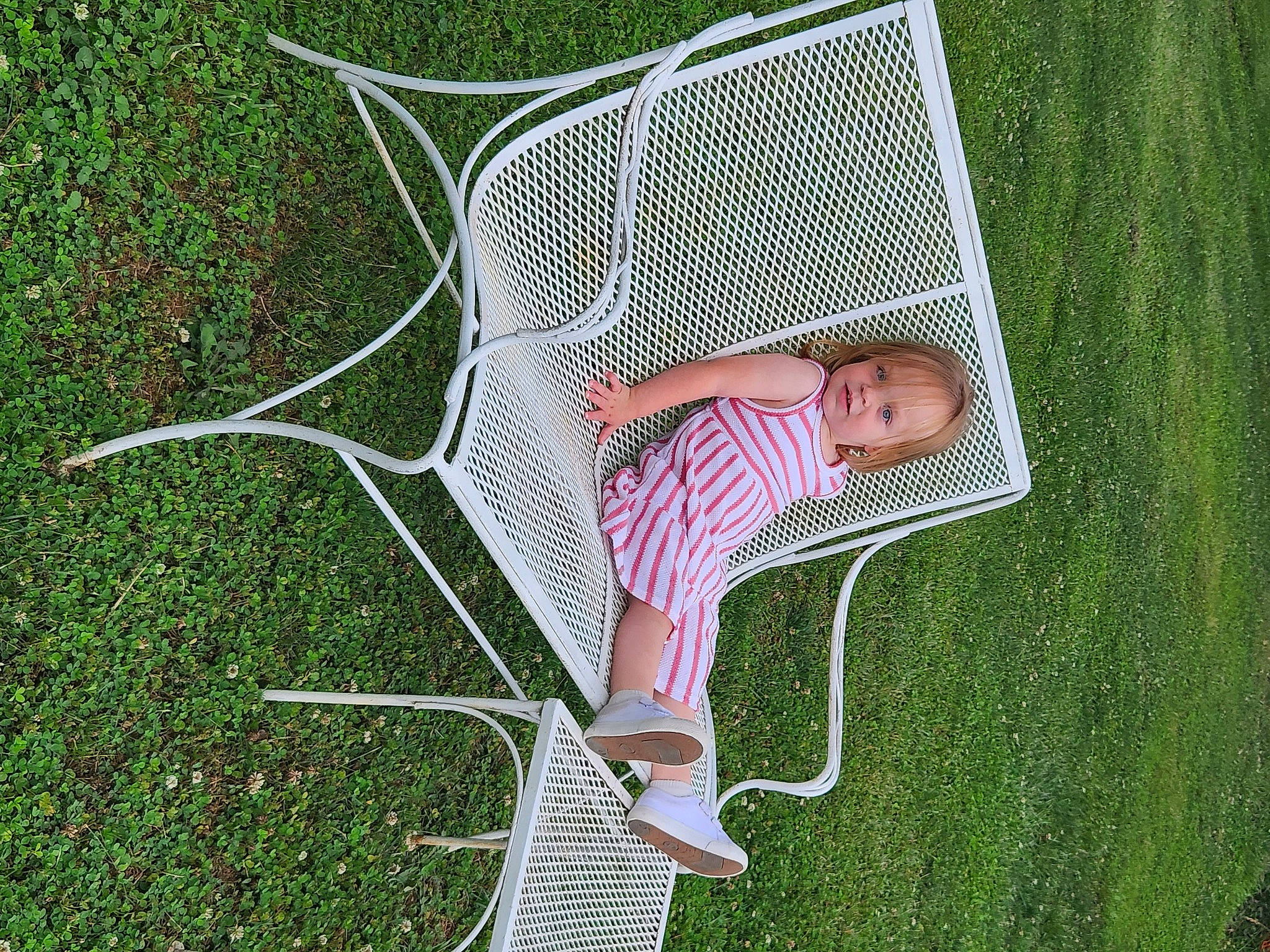 Hazel joined the competition — help win amazing prizes! baby, baby_products, baby_toddler_clothing, child, comfort, fun, grass, lawn, leisure, magenta, mesh, net, outdoor_furniture, pattern, people_in_nature, plant, sandal, sitting, toddler, yard