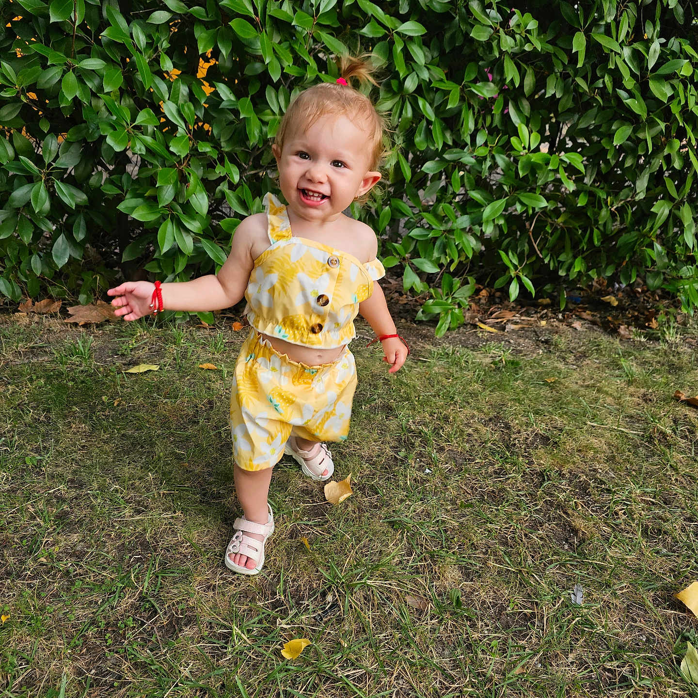 Elsa Stefania is registered to the contest to win money with this photo: child, cute, garden, grass, greenery, happy, leaves, nature, outdoor, person, playful, portrait, sandals, small_child, smiling, summer, sunlight, toddler, walking, yellow_clothing