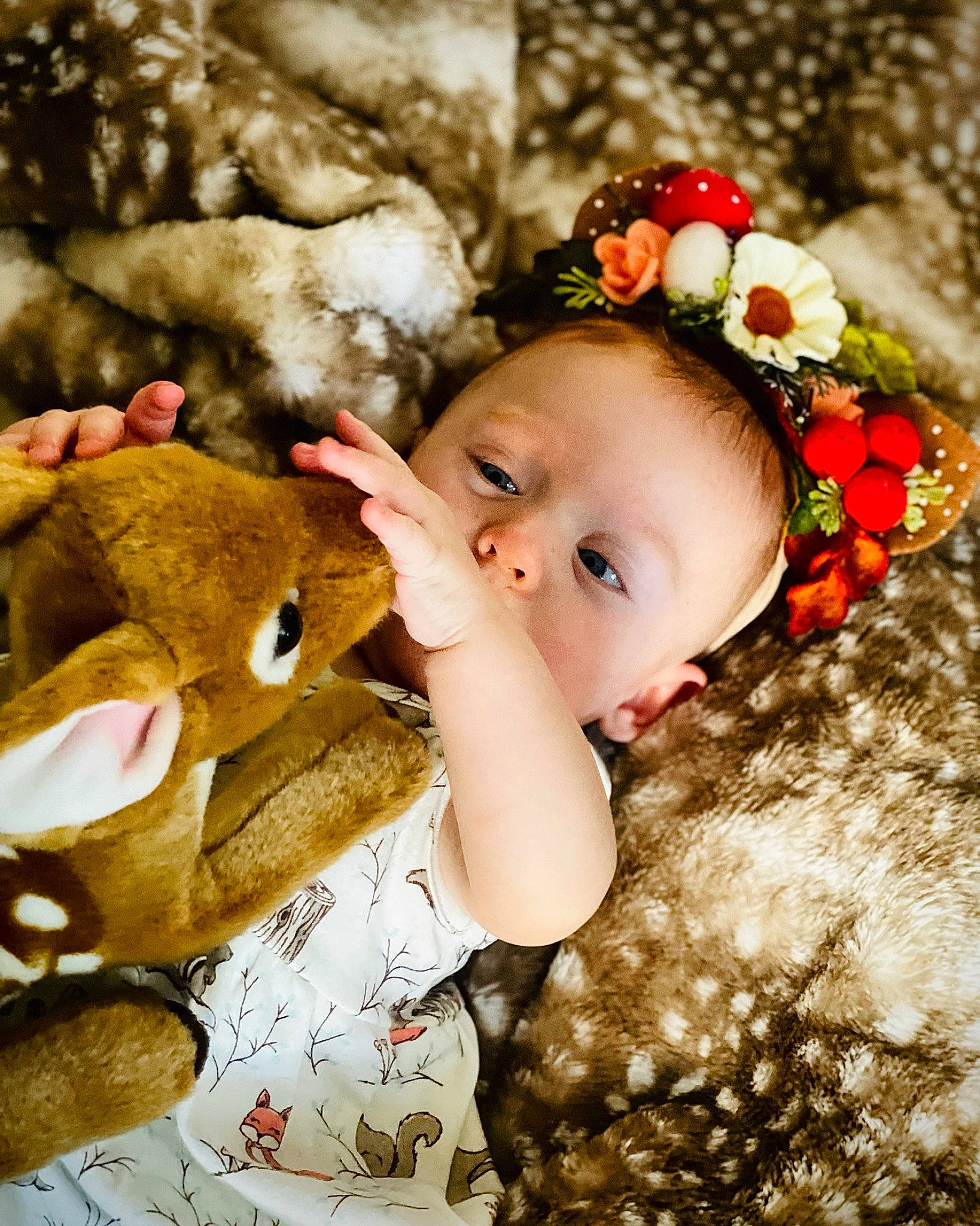 Colette is registered to the contest to win money with this photo: baby, baby_toddler_clothing, brown_hair, cheek, child, eye, fawn, flash_photography, flower, grass, happy, head, iris, leaf, lip, people_in_nature, person, teddy_bear, toddler, toy