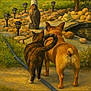 animals, art, bird, cat, decor, dog, friendship, frog, garden, grass, lanterns, nature, outdoor, painting, path, pond, rocks, scenery, statue, tail