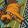 animal, bone, cartoon, collar, colorful, cute, dog, floor, french_bulldog, illustration, indoor, pattern, paw, pet, relaxing, resting, rug, sleeping, table_leg, toy
