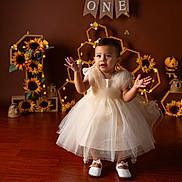 Melissa participe au concours pour gagner de l'argent avec cette photo : baby, child, dress, birthday, one_year_old, sunflower, bee, decorations, floor, indoor, celebration, portrait, white_shoes, tulle, cute, smiling, happy, girl, event, lighting