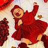 Beya a rejoint le concours — aidez-le/la à gagner de superbes lots ! 5_months, baby, balloons, blanket, celebration, colorful, cute, festive, happy, headband, heart_shaped, indoors, infant, lying_down, milestone, portrait, red_dress, rose, smiling, toddler