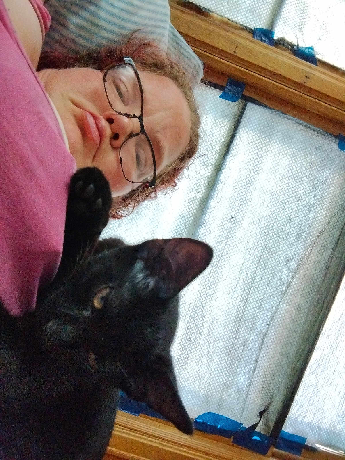 Simba joined the competition — help win amazing prizes! person, cat, black_cat, glasses, indoor, window, curious, relaxed, lying_down, face, paw, closeup, casual, home, natural_light, portrait, resting, pet, animal, cozy