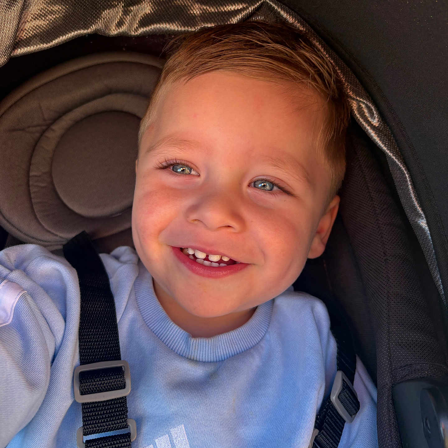 Seyhan a rejoint le concours — aidez-le/la à gagner de superbes lots ! baby, baby_boy, blue_eyes, casual_clothing, child, childhood, closeup, cute, face, hair, happy, indoors, light_blue_sweatshirt, person, portrait, seatbelt, skin, smiling, stroller, toddler