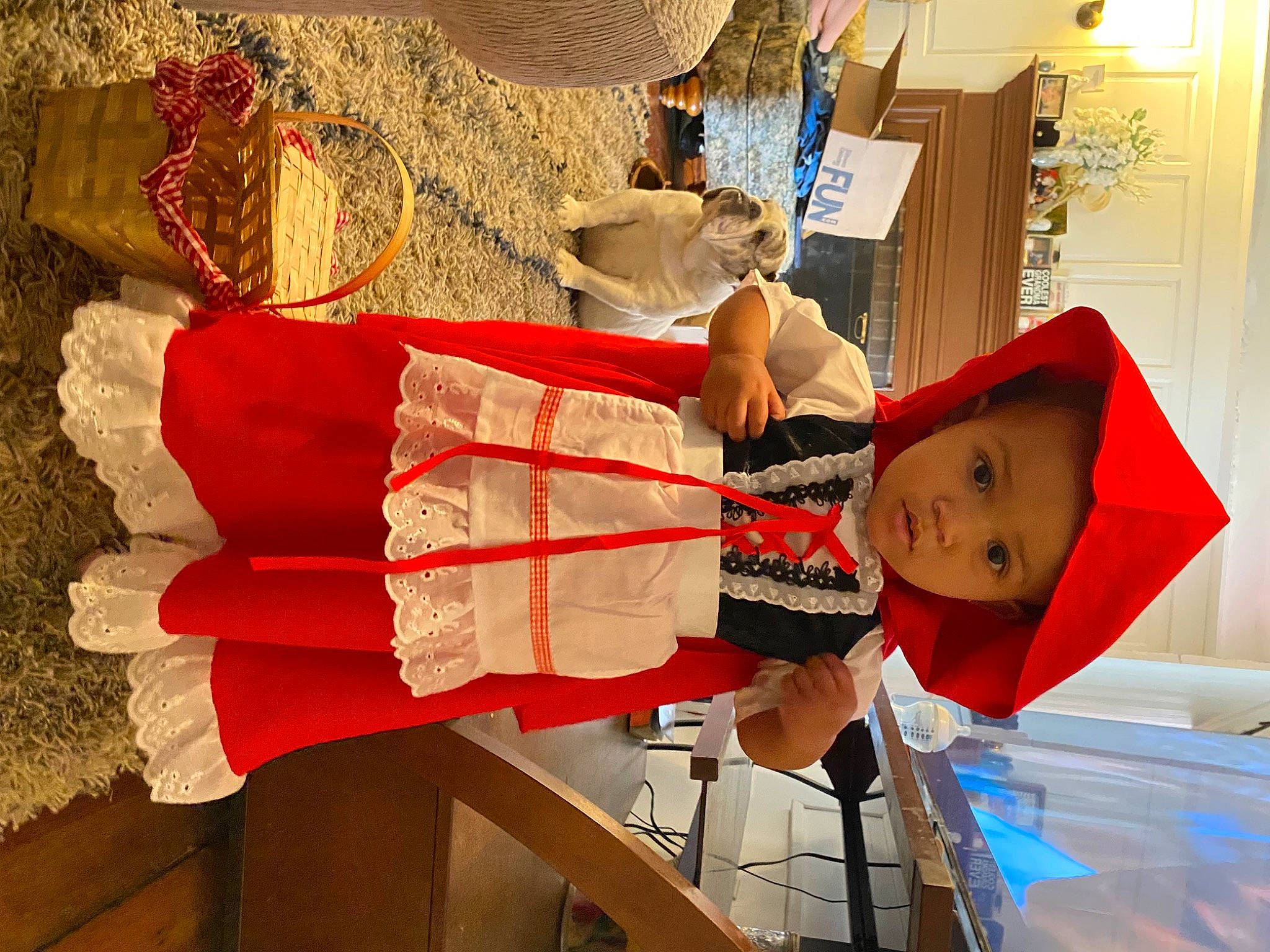 Kya joined the competition — help win amazing prizes! carmine, costume, costume_design, event, fashion_design, fun, hat, headwear, human_leg, peach, person, red, room, toddler, wood, world