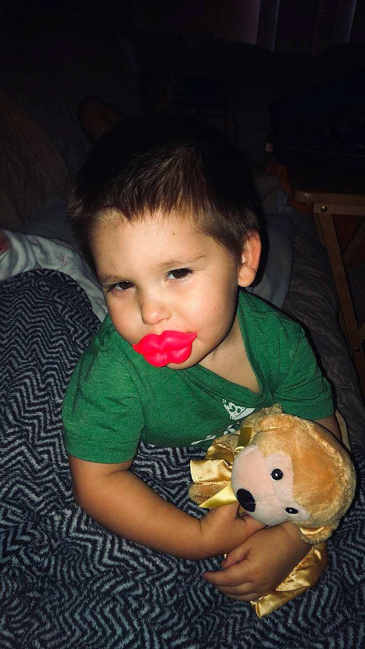 Treyson is registered to the contest to win money with this photo: cheek, child, face, fun, head, iris, nose, person, play, plush, skin, smile, stuffed_toy, teddy_bear, toddler, toy