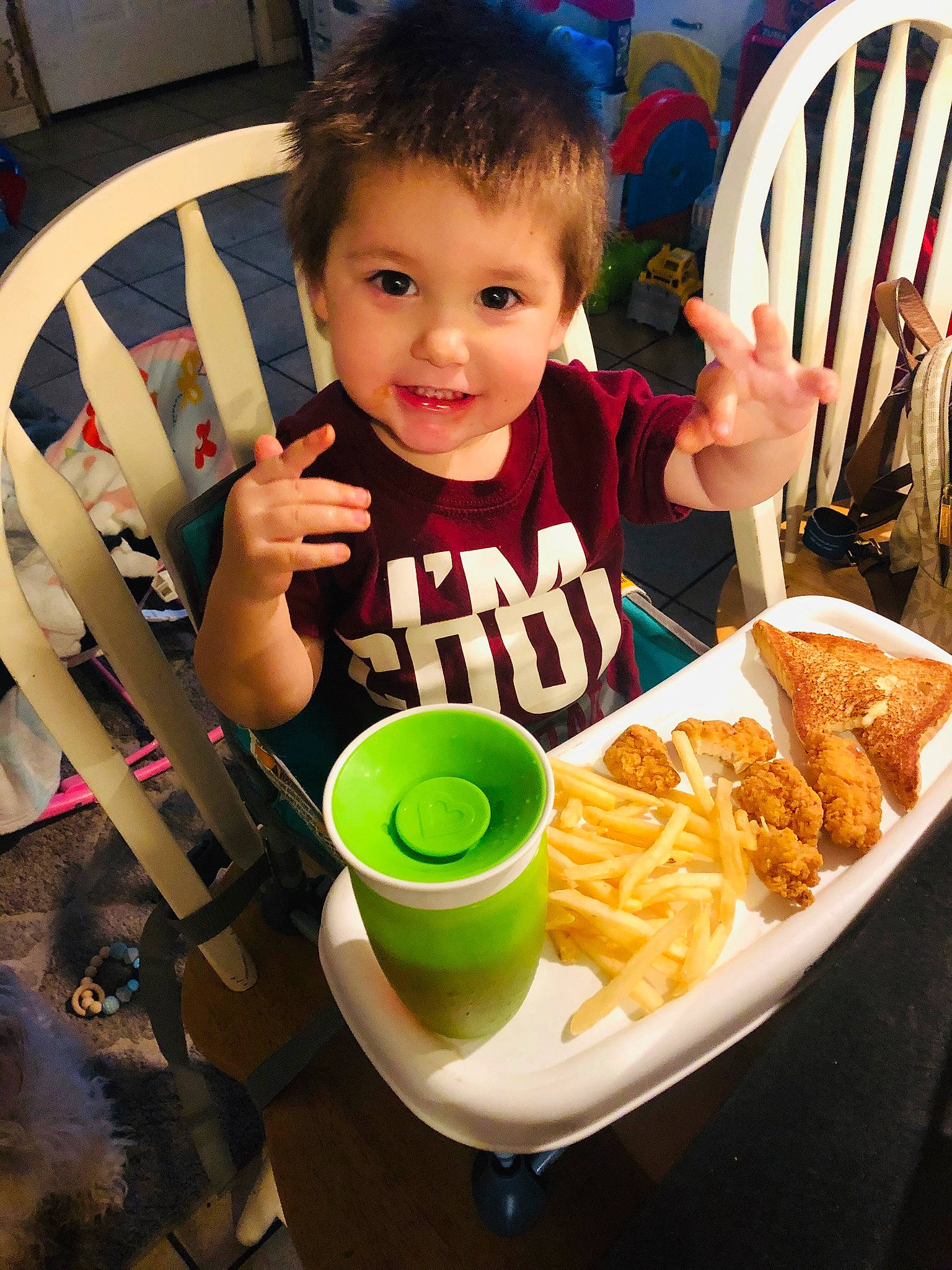 Treyson is registered to the contest to win money with this photo: breakfast, child, comfort_food, cuisine, dish, eating, fast_food, food, french_fries, fried_food, joy, junk_food, kids_meal, lunch, meal, person, side_dish, toddler, vegetarian_food