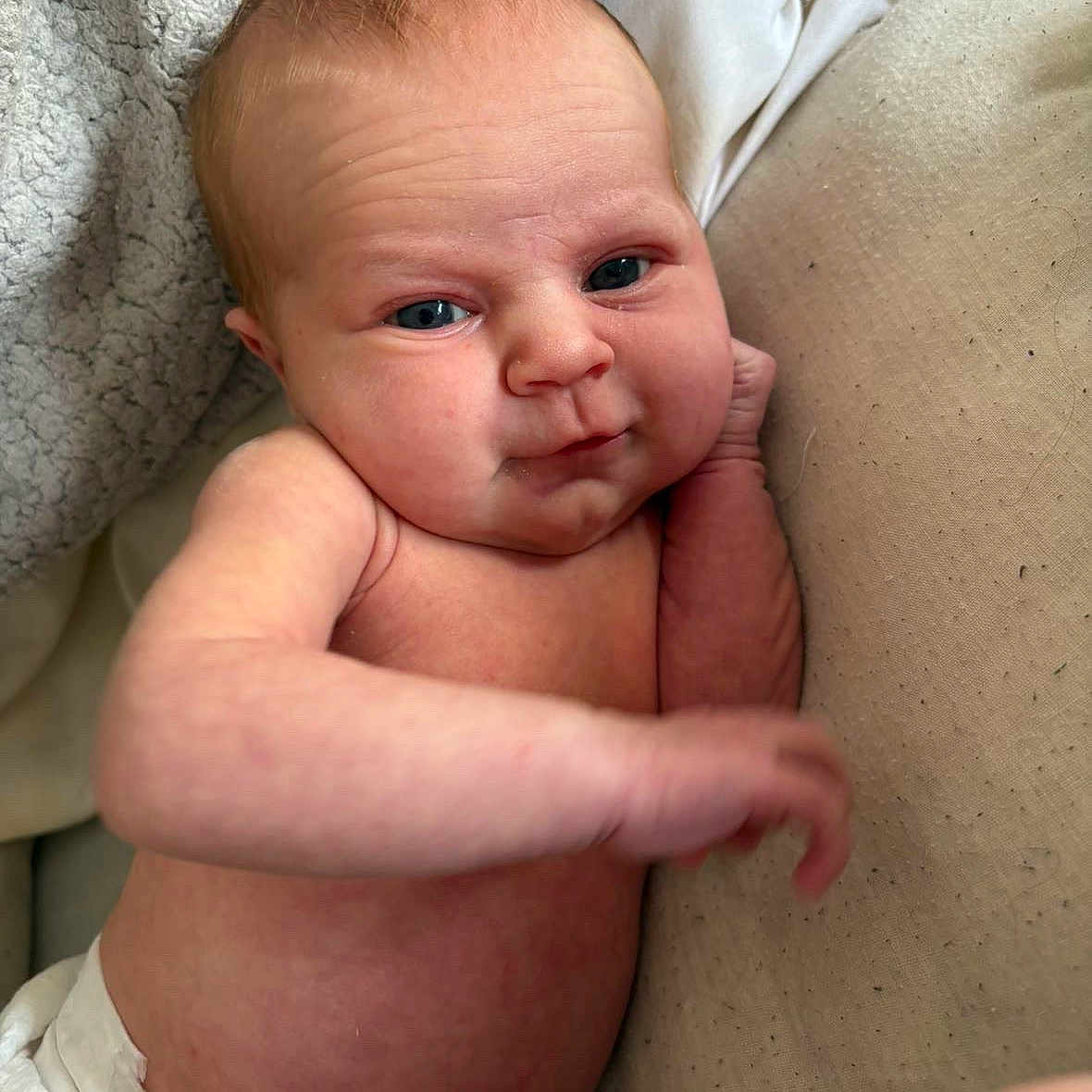 Gracie Mo joined the competition — help win amazing prizes! arm, baby, blanket, blue_eyes, child, closeup, comfort, cute, diaper, expression, face, human, indoors, infant, newborn, pillow, relaxed, resting, skin, soft