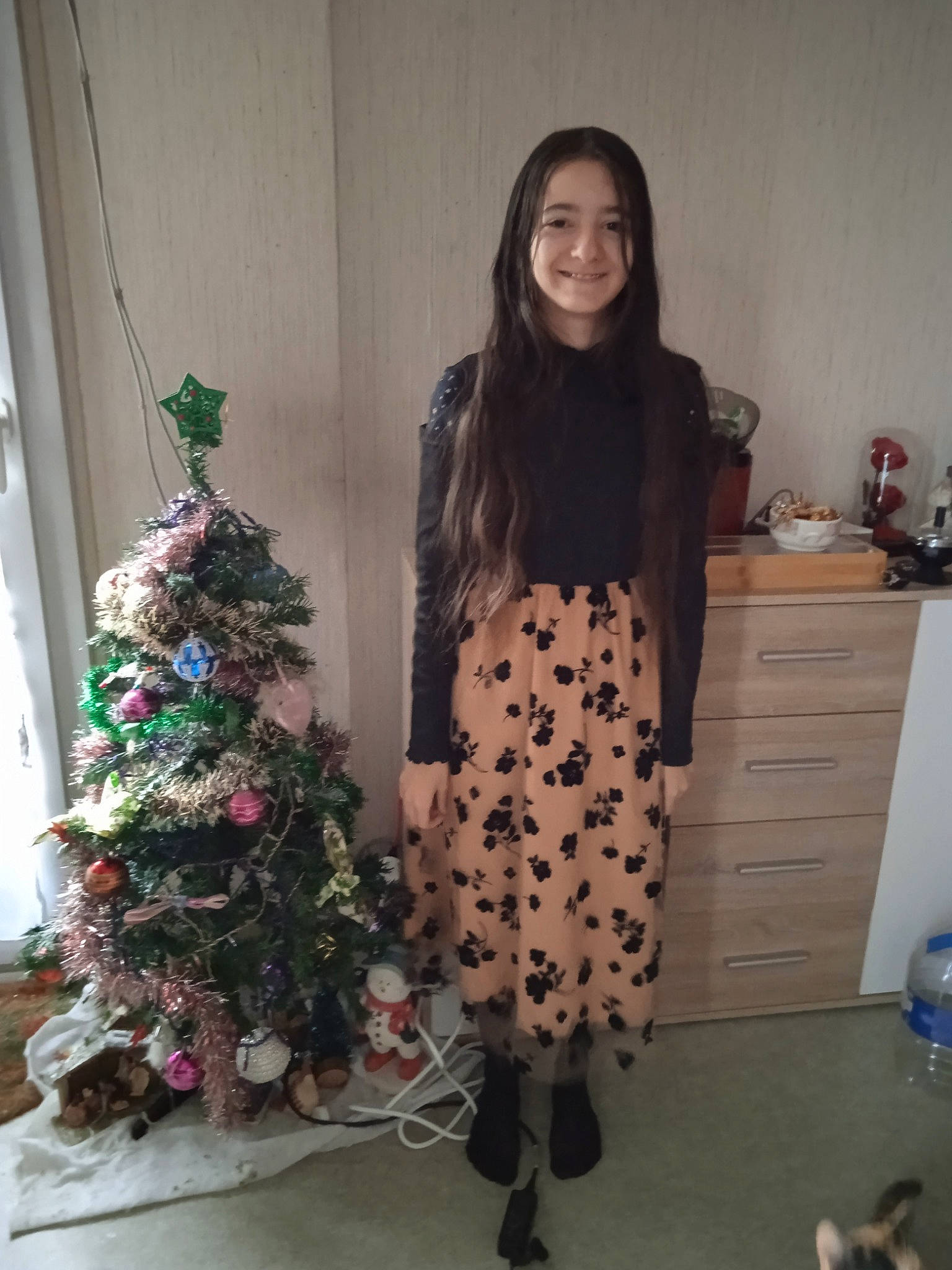 Jade participe au concours pour gagner de l'argent avec cette photo : christmas_decoration, christmas_ornament, christmas_tree, drawer, event, fashion_design, hair, holiday, holiday_ornament, human_leg, joy, long_hair, ornament, pattern, person, plant, shoe, sleeve, smile, thigh