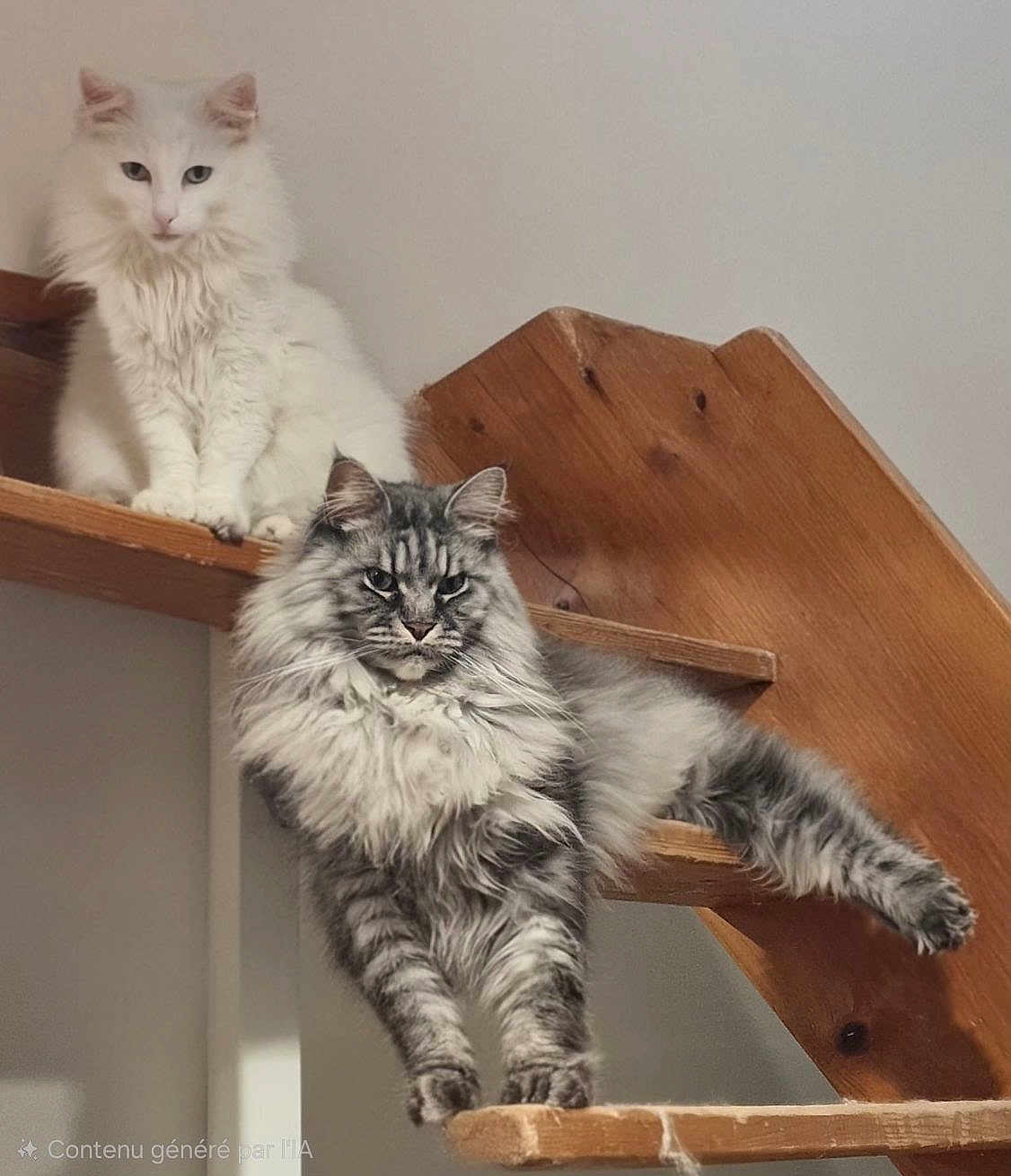 Sysko a rejoint le concours — aidez-le/la à gagner de superbes lots ! cat, cats, fluffy, white_cat, gray_cat, striped_cat, stairs, wooden_stairs, indoor, pet, feline, relaxed, sitting, stretching, long_hair, animal, cute, domestic_animal, fur, portrait