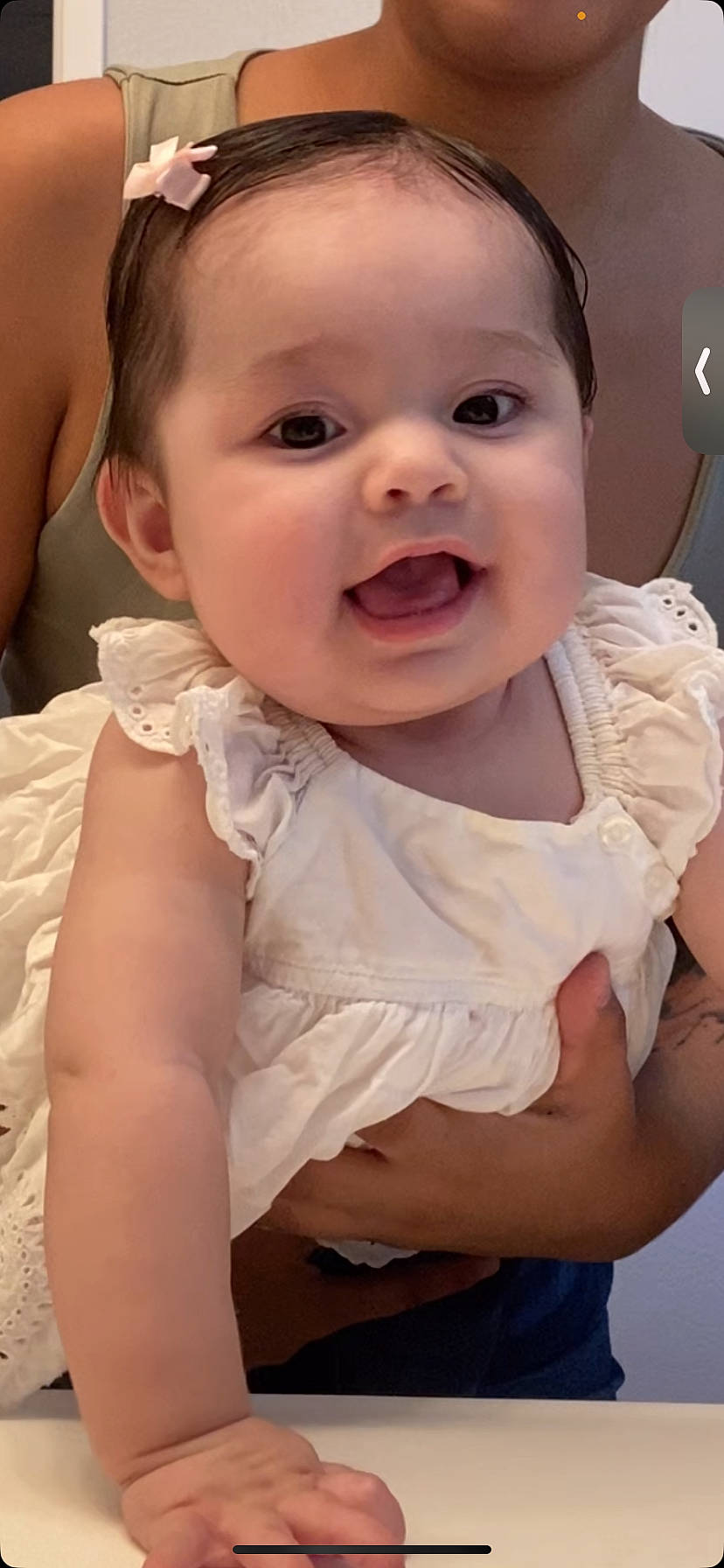 Melody is registered to the contest to win money with this photo: baby, baby_toddler_clothing, cheek, chin, dress, eye, finger, gesture, happy, head, iris, lip, mouth, neck, nose, person, pink, skin, sleeve, smile