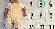 Zyrae is registered to the contest to win money with this photo: baby, beige_clothing, child, circle, cute, fabric, feet, growth, hands, happy, indoor, infant, lying_down, milestone_blanket, month_marker, numbers, overalls, portrait, smiling, text