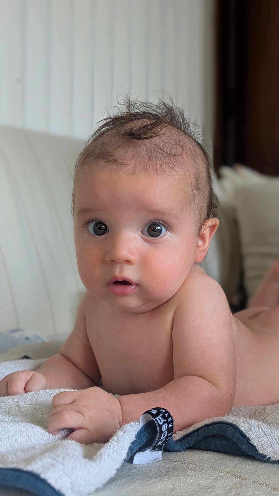 Niels participe au concours pour gagner de l'argent avec cette photo : baby, infant, face, eyes, hair, skin, towel, hand, mouth, expression, curious, lying_down, indoors, soft_texture, close_up, child, cute, newborn, portrait, person