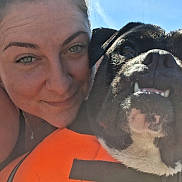 Hadesse participe au concours pour gagner de l'argent avec cette photo : accessory, close_up, companion, dog, happy, life_jacket, muzzle, orange, outdoor, person, pet, portrait, selfie, sky, smile, summer, sunglasses, sunlight, teeth, woman