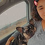 Ace is registered to the contest to win money with this photo: car, person, dog, french_bulldog, pet, lap, window, seat, curly_hair, gray_shirt, leash, snuggling, relaxed, casual, selfie, indoors, daytime, cute, cozy, smile