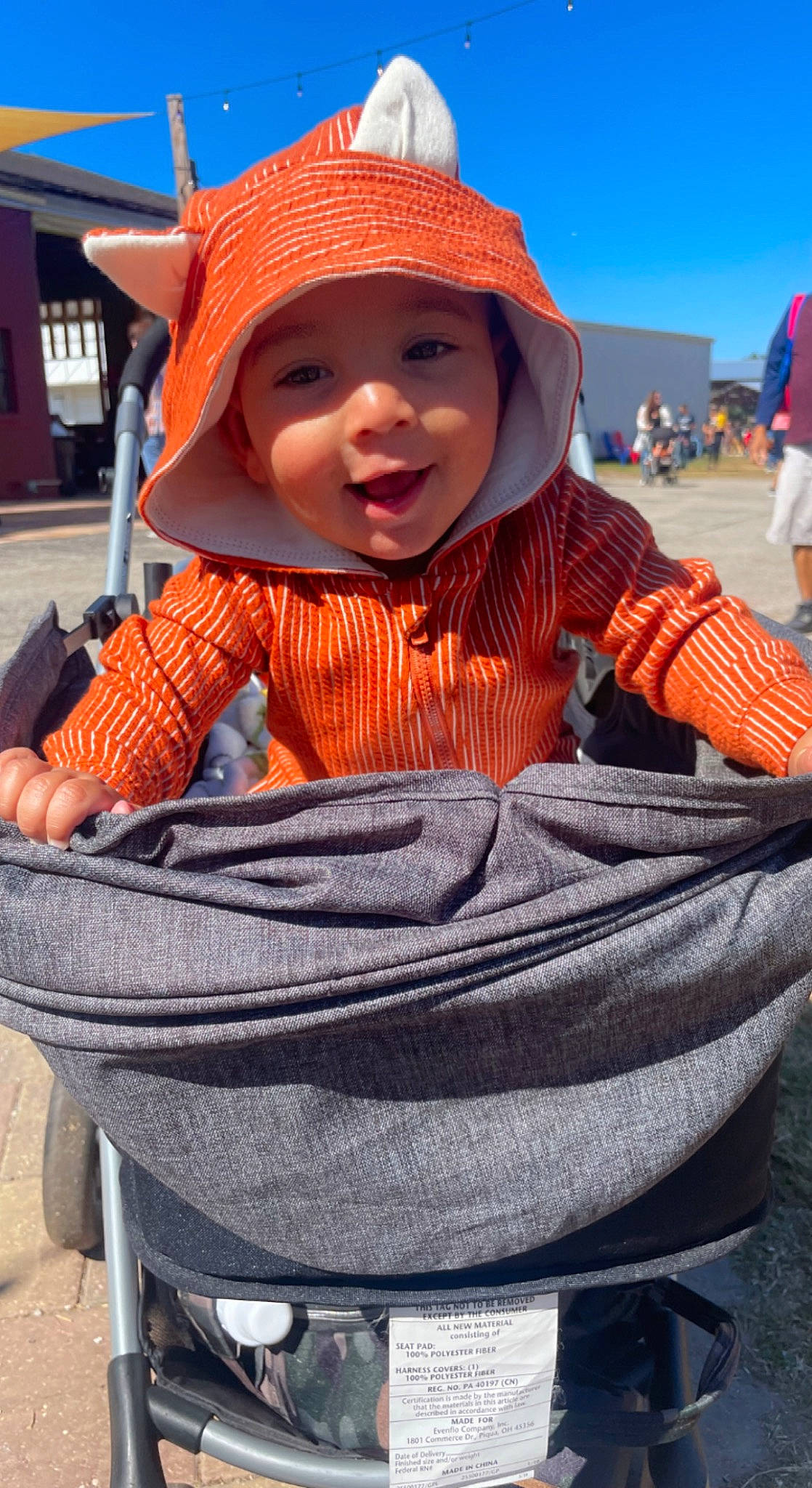 Noah joined the competition — help win amazing prizes! baby, baby_carriage, baby_products, baby_toddler_clothing, blue, cap, child, fashion_accessory, fun, happy, headwear, leisure, person, photograph, product, recreation, sky, smile, tire, toddler