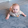 baby, child, infant, blue_eyes, beige_shirt, winnie_the_pooh, carpet, floor, indoor, crawling, cute, smiling, person, head, hand, skin, clothing, portrait, toddler, home