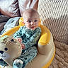 baby, infant, child, pajamas, inflatable_chair, bear_design, couch, leather, cushion, blanket, blue, yellow, soft_toy, indoor, seated, cozy, cute, person, face, home