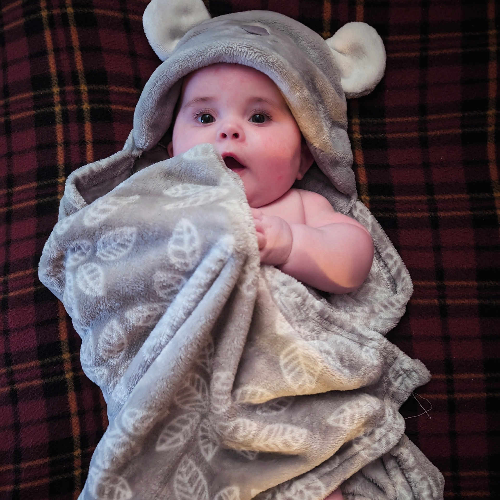 Freya is registered to the contest to win money with this photo: baby, blanket, bonnet, clothing, couch, face, furniture, hat, head, hood, hoodie, knitwear, newborn, person, photography, portrait, quilt, sweater, sweatshirt, towel