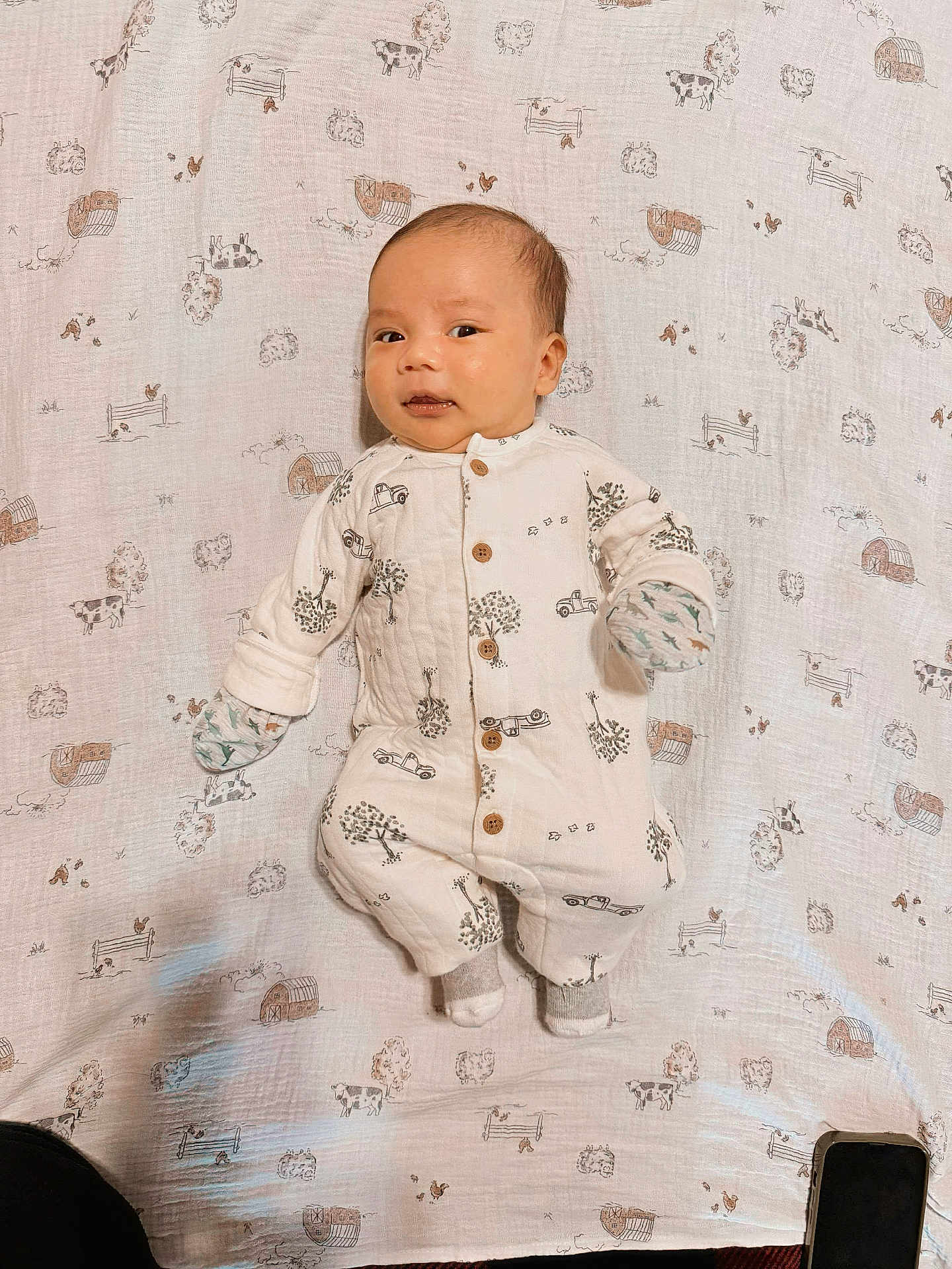 Kap is registered to the contest to win money with this photo: baby, infant, onesie, mittens, socks, blanket, pattern, farm, cow, tree, car, barn, phone, lying_down, cute, portrait, child, soft_lighting, indoor, baby_clothing