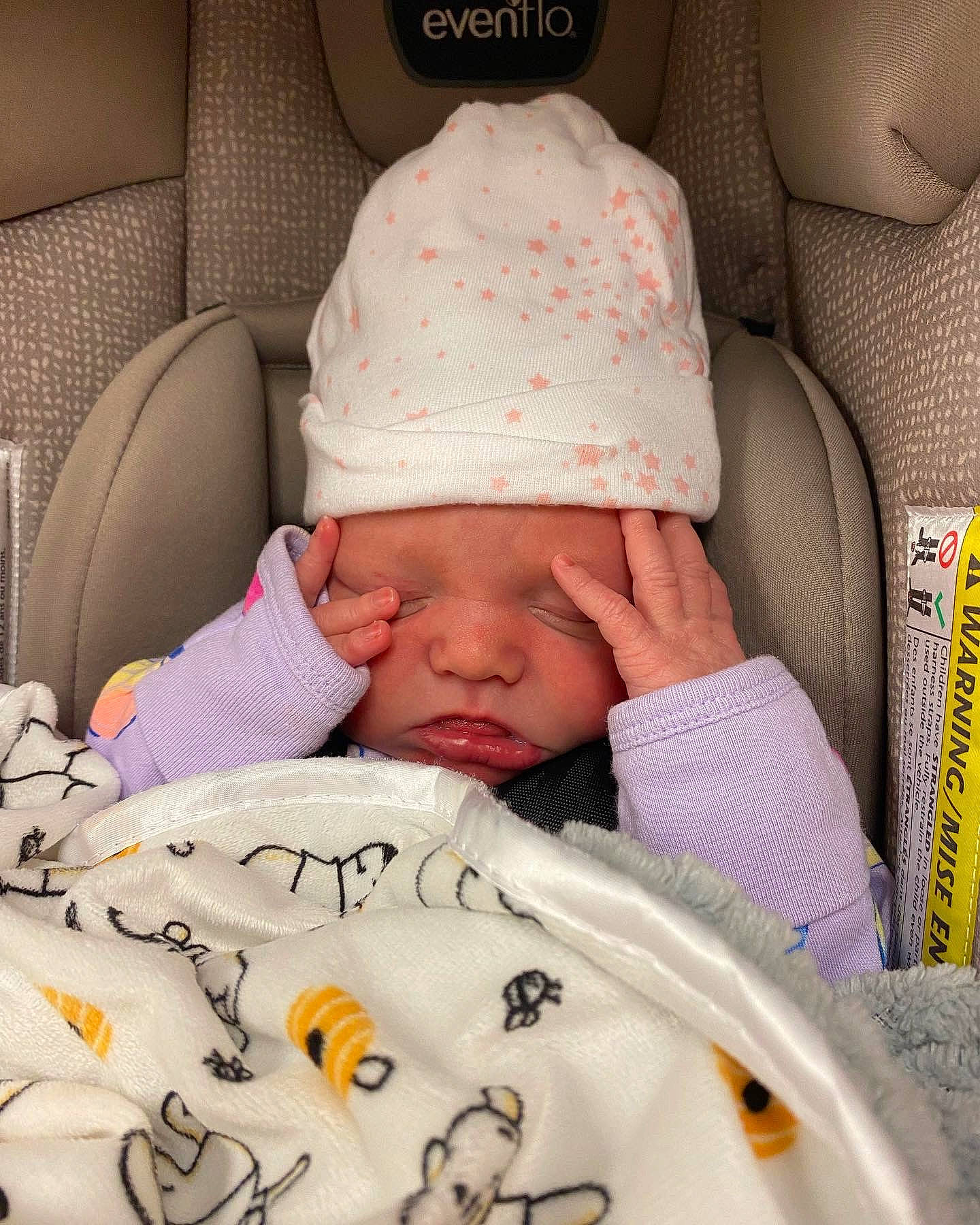 Charlotte is registered to the contest to win money with this photo: baby, baby_products, baby_safety, baby_sleeping, baby_toddler_clothing, beanie, bedding, bedtime, cap, car_seat, car_seat_cover, child, comfort, hat, headwear, linens, person, room, skin, toddler