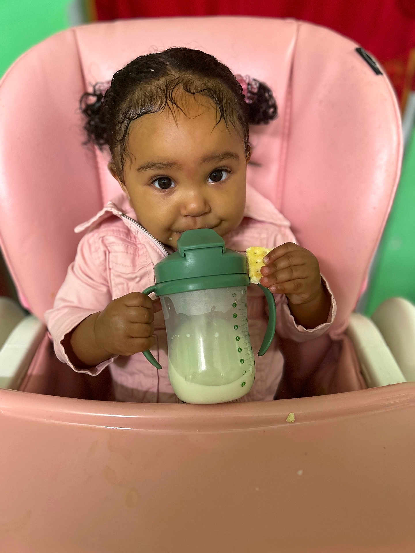 Alejandra joined the competition — help win amazing prizes! toddler, child, baby, high_chair, pink, sippy_cup, milk, cracker, curly_hair, pigtails, cute, indoors, feeding, small_hand, face, portrait, clothing, jacket, seat, table